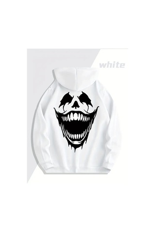 Nevermind Sevgili Kombini Oversize Hoodie Korku Gülüşü Baskılı 3 İplik Un Beyaz