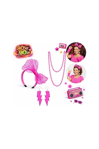 Tedar 80 Ler 90 Lar Neon Pembe Parti Seti Kolye Küpe Taç Najmaddin "