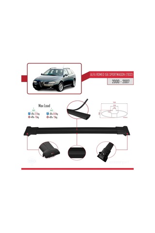 Alfa Romeo 156 Sportwagon T932 2000-2007 Arası İle Uyumlu Fly Model Ara Atkı Tavan Barı Siyah 3 Adet Bar