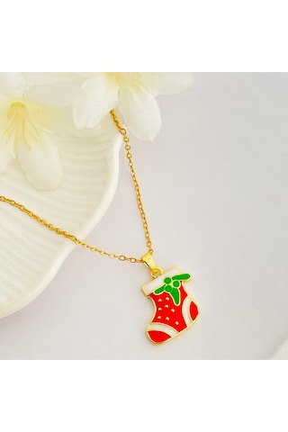 Yılbaşı Hediyelik Kolye Noel Çorabı Kolye Çelik Gold 45cm Gold