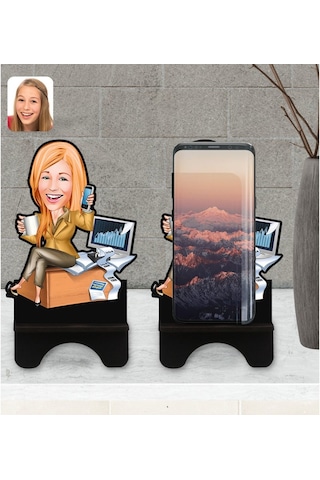 Kişiye Özel Kadın Muhasebeci Karikatürlü Ahşap Biblo Telefon Stan
