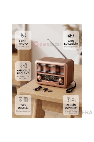 Nns Ns-3315bt Şarjlı Nostaljik Radyo Bluetooth Tws Usb Micro Kart Destekli Dekoratif Müzik Çalar 14cm Boyunda Açık Kahve
