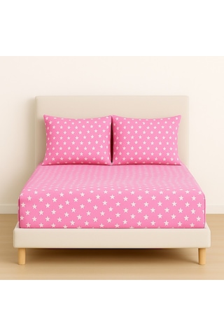 Lionas Desenli 180 X 200 Cm Battal Boy Pembe Yıldız Lastikli Çarşaf Ve 2 Adet Yastık Kılıfı Pembe