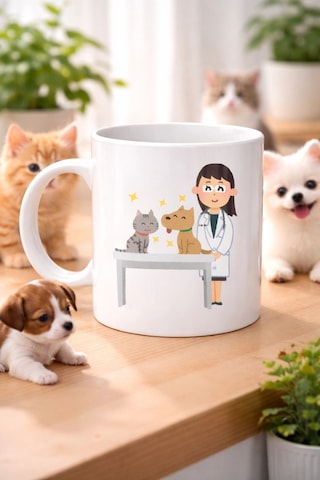 Vexor Veteriner Temalı Porselen Kupa Model 179 Kedi Ve Köpekli Sevimli Veteriner Tasarımlı Kahve K Diğer