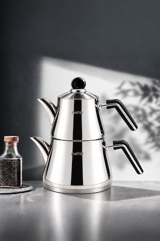 Luna Sade Maxi Büyük Boy Çelik Kapaklı Paslanmaz Çelik 1.10-2.25 Litre Çaydanlık Takımı Gri