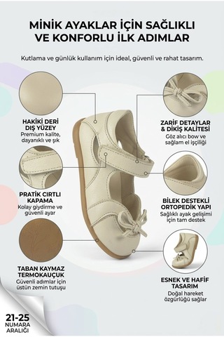 Perlina Hakiki Deri Termokauçuk Kaymaz Taban Kız Bebe Babet Bej