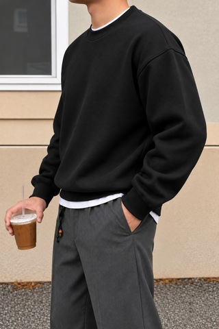 Cool Tarz Erkek 3 İplik Şardonlu Regular Fit Bisiklet Yaka Basic Sweatshirt Siyah Siyah