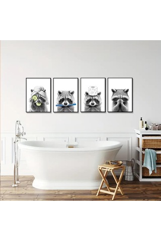 Xindoker Vahşi Hayvanlar Temalı Tuval Tablo Zürafa, Köpek, Fil, Tuvalet - Banyo Dekoru, Duvar Sanatı, 25x20 Cm, 4 Adet Paket Siyah