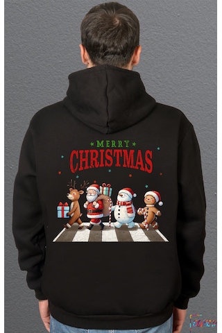 Bumeta Christmas Crossing Santa Geyik Ve Kardan Adam Baskılı Sweatshirt Unisex Kapüşonlu Hoodie Siyah