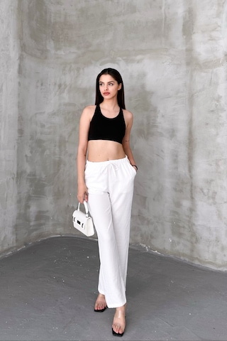 HLT Jeans Beyaz Kadın Bel Lastik Detaylı İnce Dökümlü Baggy Keten Pantolon Emily-3021 Beyaz