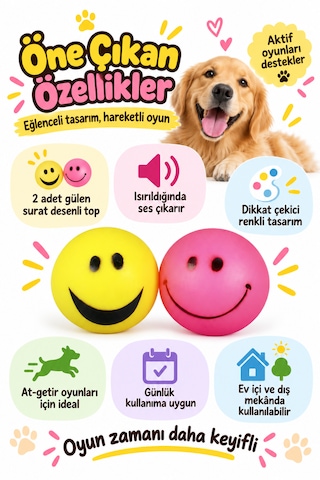 Happy Pet Smiley Ball Gülen Surat Desenli Sesli Köpek Oyuncağı 2 Li Paket