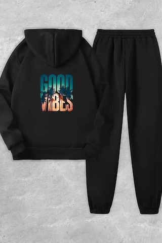 Unisex Siyah Good Vibes Sırt Baskılı Eşofman Kapüşon- Kışlık Şardonlu Kumaş Siyah