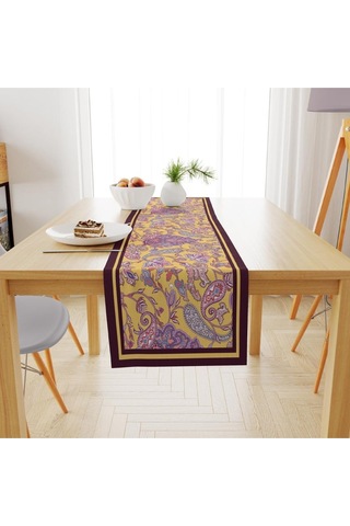 Mor Damask Desen Runner 140x45cm Ince Keten, Uluslararası Yıkama Ve Solmama Sertifikası Çok Renkli