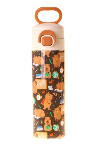 Kaukko Kids 520 Ml Clever Baskılı Kahverengi Erkek Çocuk Çelik Termos Matara Çift İçim Kilitli Kapak - L5387