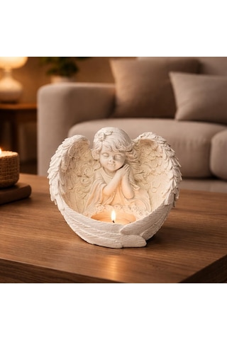 Melek Figürlü Dilek Tutan Tealight Mumluk, Taş Döküm, 13x15 Cm, Dekoratif Anma Ve Hediye Dekoru İçin Çok Renkli