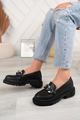Aymood Kadın Siyah Zincirli Kalın Taban Loafer Makosen Ayakkabı Siyah