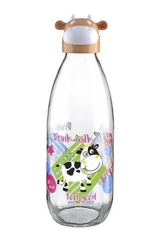 İnek Tasarımlı Sevimli Cam Suluk - Süt Şişesi 1000 Ml Renkli