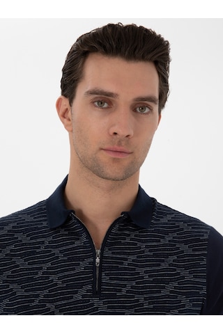 Lacivert Regular Fit Fermuarlı Polo Yaka Desenli T-shirt
