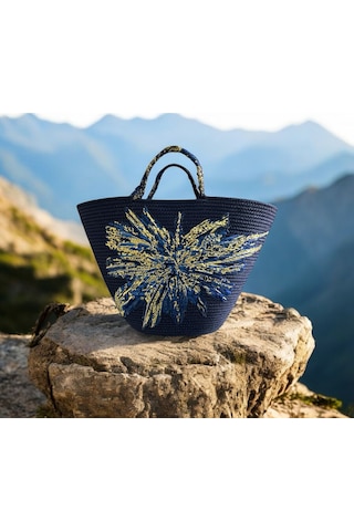 Hasır Çanta, Plaj Çantası, Tasarım Çanta, Lacivert Desenli El Çantası Lacivert
