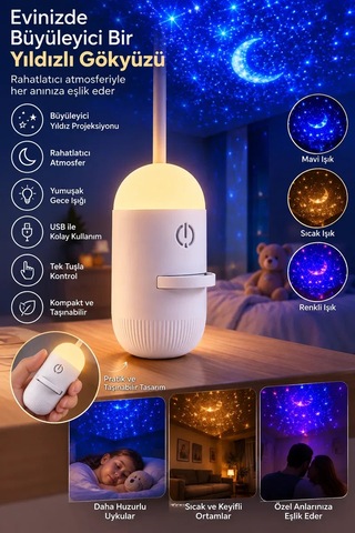 Romantik Atmosfer İçin Ay Yıldız Projeksiyonlu Gece Lambası Standart