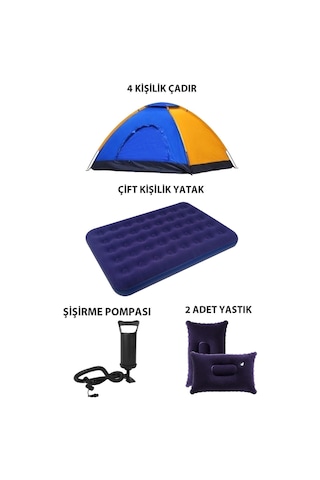 4 Kişilik Kamp Çadırı Çift Kişilik Şişme Yatak 2 Şişme Yastık Kamp Seti Mavi
