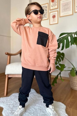 Riccotarz Erkek Çocuk Kapak Cepli Bisiklet Yaka Sweatshirt Somon Eşofman Takım
