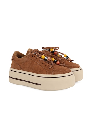 Guja Kadın Sneaker 366-2 Camel Hakiki Dokulu Süet Renkli Boncuk Bağcık Detaylı Yüksek Kalın Platform Taban Rahat Günlük Spor Ayakkabı