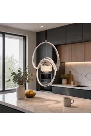 Çizgili Kasa Badem Model Tek Toplu Led Sarkıt Avize Krom