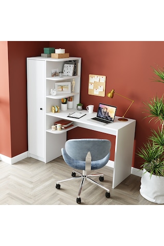 Roma Raflı Çalışma Masası , Çalışma Ofis Masası Sol Dolaplı Beyaz Mat Beyaz