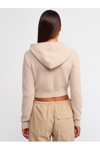 Dilvin Yumuşak Dokulu Kapşonlu Crop Kazak Bej