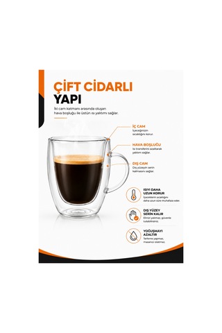 250 Ml Çift Cidarlı Kulplu Cam Bardak Isı Yalıtımlı Borosilikat Kahve Ve Çay Bardağı Şeffaf