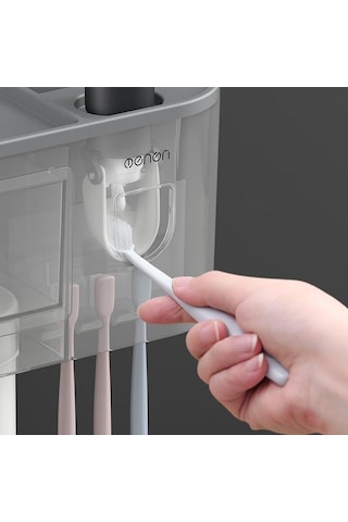 Gri Mengnı Duvara Monte Manyetik Diş Fırçası Tutucu Su Geçirmez Diş Macunu Sıkacağı Tuvalet Otomatik Dağıtıcı Banyo Aksesuarları 2 Bardak Gri