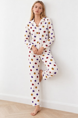 Womanandkids Night Beyaz Kadın Uğur Böcekli Gömlek Yaka Pijama Takımı 4827