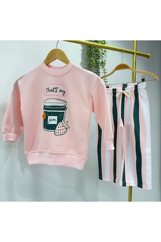 That's My Jam Çilek Baskılı Sweatshirt Çizgili Eşofman 3ip Alt Üst Takım Pembe