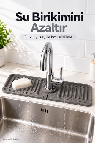 Lavabo Kenarı Silikon Su Geçirmez Musluk Matı 37x14cm Gri