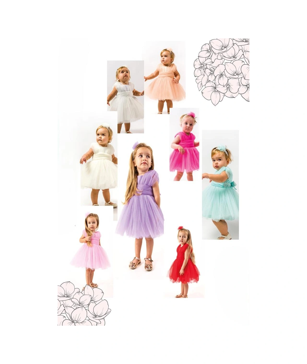 Kız Bebek Pudra Tül Abiye Çiçek Taçlı Tül Elbise-1346 Pembe