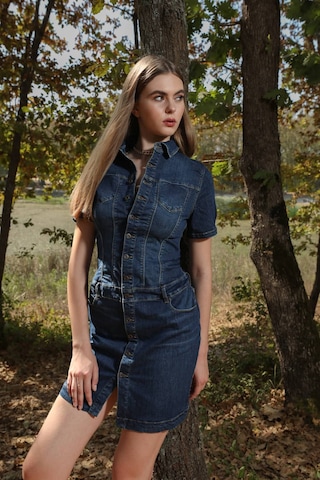 Banny Jeans Kadın Boydan Düğmeli Jean Elbise Koyu Mavi