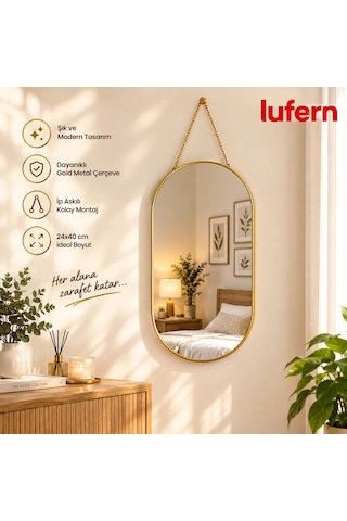 Özel Tasarım Dekoratif Duvar Aynası Gold Metal Çerçeveli İp Askılı 24x40 Cm Banyo Yatak Odası Hol Çok Renkli
