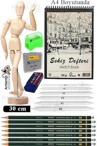 Ahşap İnsan Modeli 30 Cm A4 21x29.7 Cm Eskiz Defteri Dereceli Karakalem Seti Dağıtma Kalemi Hamur Silgi Kalemtraş
