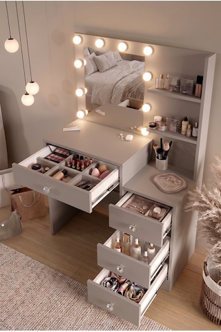 Robin Home Hollywood Makyaj Masası 4 Çekmeceli Düzenleyici Hollywood Led Işıklı Raflı Kumsal Bej