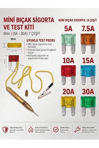 Oto Elektrik Kontrol Kalemi + 21'li Mini Bıcak Sigorta Seti Araç Devre Test Ve Sigorta Kit