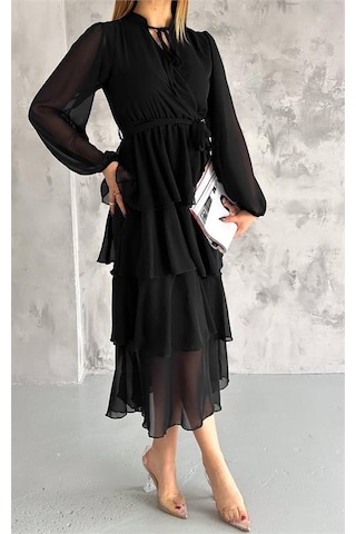 Neşeli Butik Kadın Astarlı Eteği Kat Kat Şifon Elbise Nbkklf2041 Siyah