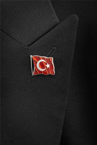 Büyük Boy Mineli Türk Bayrağı Gümüş Rozet -8473 Gümüş
