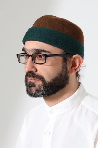 Erkek İki Renkli Keçe Yün Derviş Takke - Yeşil Kahverengi Yeşil