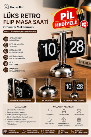 Lüks Retro Flip Masa Saati Pil Otomatik Mekanizmalı Metal Masaüstü Saat