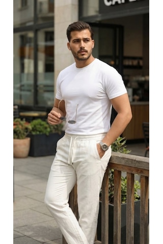 Efnaz Style Erkek İç Göstermez Yıkamalı Genişkalıp Keten Pantolon Beyaz