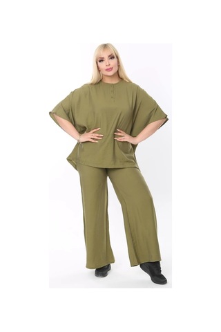 Mia Butik Büyük Beden Haki Yuvarlak Yaka Salaş Takım Haki