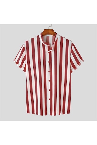 Kırmızı İncerun S-xxxxxl Yaz Erkek Kısa Kollu Çizgili Gömlek Casual Gevşek Üstler Basic Camisa T-shirt Kırmızı