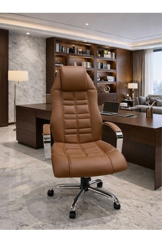 Noyan Yönetici Ofis Koltuğu Lüks Büro Koltuğu Ergonomik Yatar Mekanizmalı Deri Kahverengi