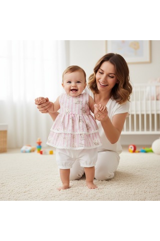 Ürünya Kız Bebek Çocuk Fiyonklu Çiçekli Sıfır Kollu 2'li Takım Pembe
